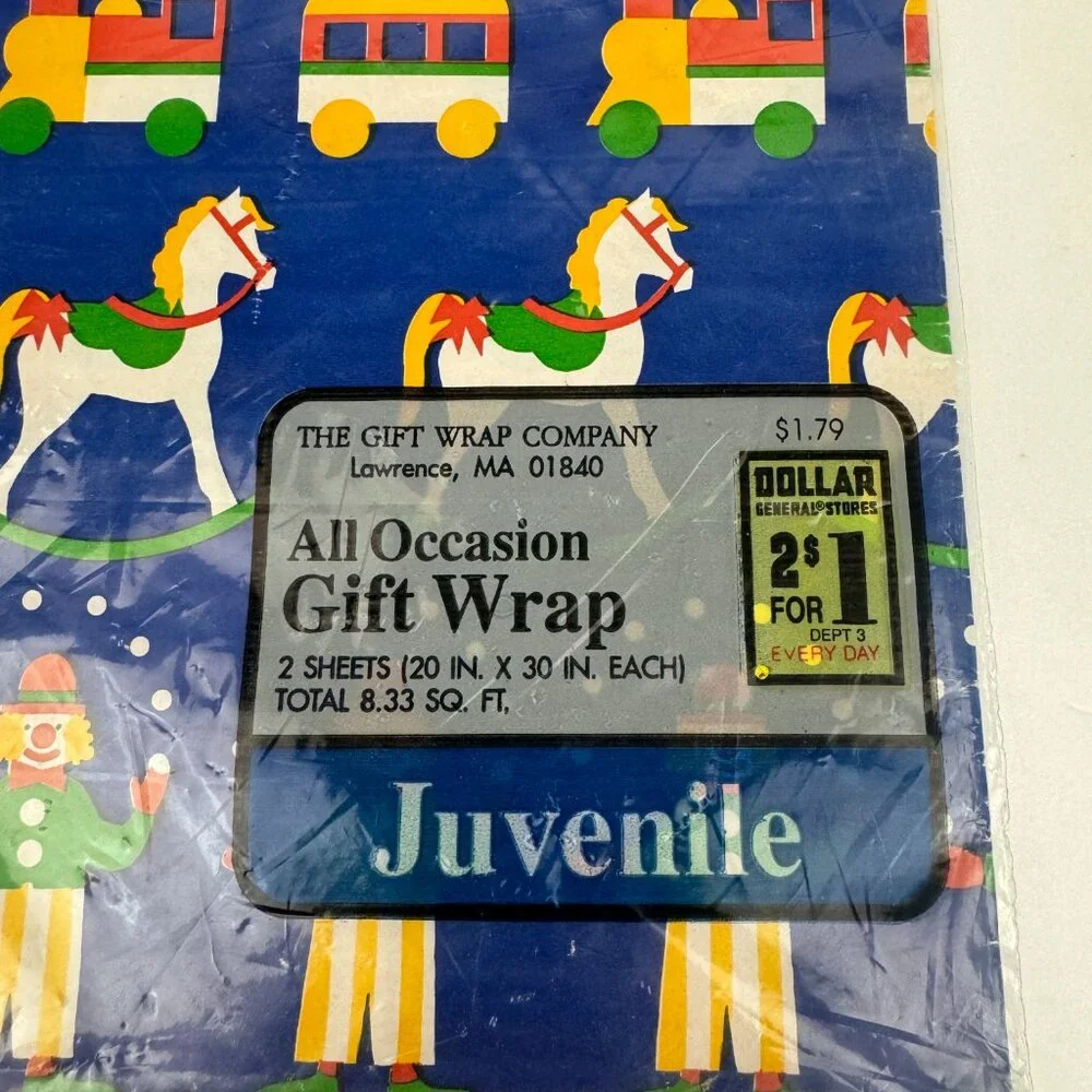 Vtg Child Gift Wrap Company Paper Blue Clowns Trains Horses 2 Sheets‎ in Pack